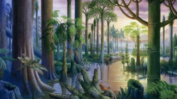 Illustrator?s signature must be included in all reproductions Carboniferous forest. Illustration of a flooded forest containing primitive plant species and fauna that existed during the Carboniferous period (360 to 286 million years ago). At bottom centre is a Hylonomus reptile. Its prey, a giant dragonfly (Meganeura monyi) is at left. The plants included Lepidodendron, an ancient lycopod also known as a scale tree. The Carboniferous forests gave rise to the coal deposits that fuel industry today.
