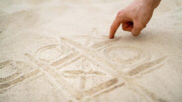 WP9M9W hand drawing tic tac toe playing on the sand in summer beach
