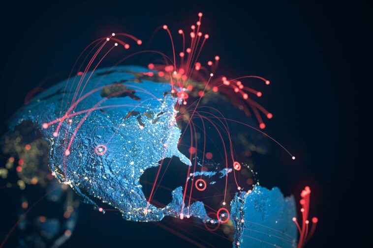 High quality 3D rendered image, perfectly usable for topics related to big data, global networks, international flight routes or the spread of a pandemic / computer virus. Textures courtesy of NASA: https://visibleearth.nasa.gov/images/55167/earths-city-lights, https://visibleearth.nasa.gov/images/73934/topography