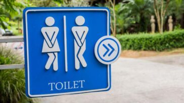 2CBM20E Humorous blue public toilet sign, Koh Samui, Thailand