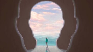 Concept art of nature freedom motivation spiritual soul mind dream success brain and hope , conceptual idea artwork, surreal painting man with happiness of landscape nature in a door, illustration; Shutterstock ID 2076399217; purchase_order: -; job: -; client: -; other: -