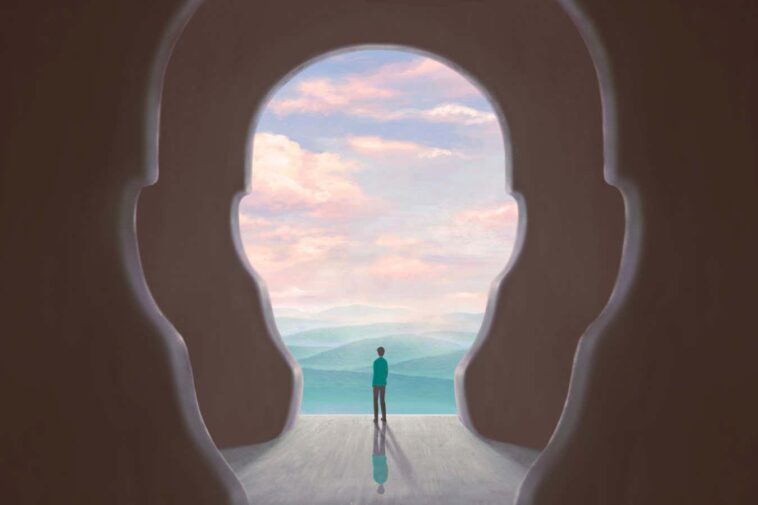 Concept art of nature freedom motivation spiritual soul mind dream success brain and hope , conceptual idea artwork, surreal painting man with happiness of landscape nature in a door, illustration; Shutterstock ID 2076399217; purchase_order: -; job: -; client: -; other: -