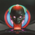 Abstract glass sphere shapes with cyborg head. 3D generated image.