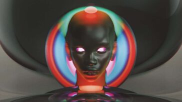 Abstract glass sphere shapes with cyborg head. 3D generated image.