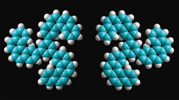 Deux molécules simulées en bleu (carbone) et blanc (hydrogène) sont côte à côte sur un fond noir pour montrer clairement qu'ils sont des images miroir les unes des autres.