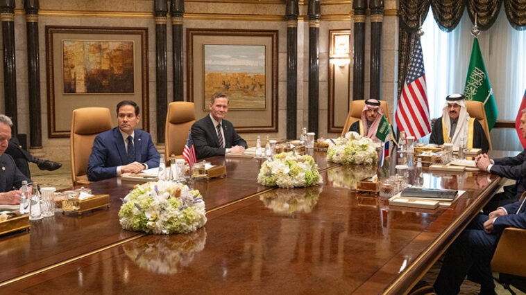 Secretary Marco Rubio, with from left, U.S. Middle East envoy Steve Witkoff, National Security Advisor Mike Waltz, Saudi Arabia