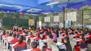 A classroom decorated to resemble a woodland as part of a myopia trial in a school in Lijiang in Yunnan province, China