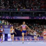 PARIS, FRANCE - AUGUST 08: (EDITORS NOTE: Image was captured using a remote camera) Sydney McLaughlin-Levrone of Team United States crosses the finish line to win the gold medal with new World Record after competing in the Women