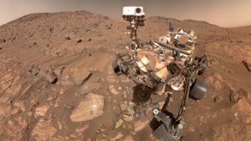 https://science.nasa.gov/mission/mars-2020-perseverance/ NASA?s Perseverance Mars rover took this selfie, made up of 62 individual images, on July 23. A rock nicknamed ?Cheyava Falls,? which has features that may bear on the question of whether the Red Planet was long ago home to microscopic life, is to the left of the rover near the center of the image. NASA/JPL-Caltech/MSSS