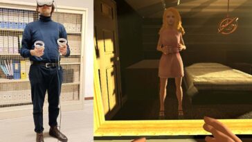 On the left is a male participant from the trial experiencing virtual reality, which made him embody a female avatar, seen on the right