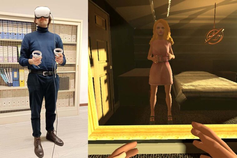 On the left is a male participant from the trial experiencing virtual reality, which made him embody a female avatar, seen on the right