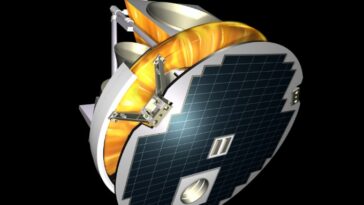 Une illustration d'un satellite en forme de tambour flottant dans l'espace