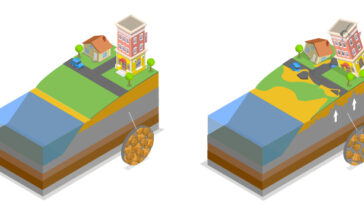 Un graphique montrant comment la liquéfaction pendant un tremblement de terre peut faire en sorte que la terre se comporte comme un liquide.
