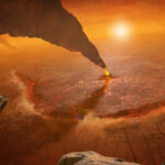 Une illustration de la surface de Vénus avec un volcan émettant de la fumée.