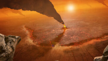 Une illustration de la surface de Vénus avec un volcan émettant de la fumée.