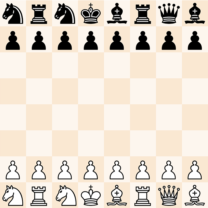 Un diagramme d'échecs montrant la position de départ pour un jeu d'échecs modifié, les pièces de la rangée arrière de chaque côté se sont précipitées de leurs taches habituelles, mais chaque côté correspondant à l'autre. Le noir est en haut et le blanc est en bas.