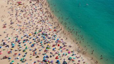 Aerial view of a crowded beach from above, praia de Nazar?, Portugal, Europe; Shutterstock ID 2189816843; purchase_order: -; job: -; client: -; other: -