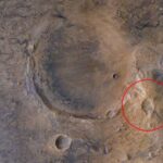 The suspected volcano (circled) is close to the Jezero Crater (left of the image)