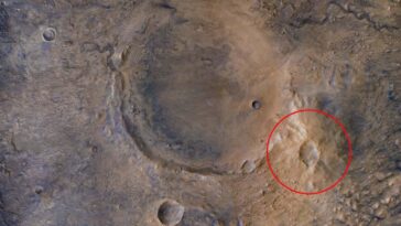 The suspected volcano (circled) is close to the Jezero Crater (left of the image)