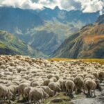 2K6ERBY Flock of sheeps moving down the valley, French Alps, border with Switzerland