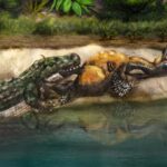 Artists impression of encounter between caiman and terror bird