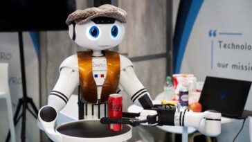 The waiter robot ONYRO of the Ipsum Tek French company is displayed during the 8th edition of the Vivatech technology startups and innovation fair, at the Porte de Versailles exhibition center in Paris, on May 23, 2024. (Photo by MIGUEL MEDINA / AFP) (Photo by MIGUEL MEDINA/AFP via Getty Images)