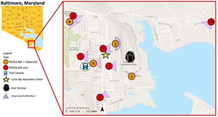 Pollution de l'air dans la communauté de Baltimore à Curtis Bay liée à l'activité terminale du charbon à proximité, éolien