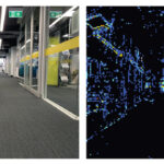 Comparaison côte à côte d'un couloir dans un environnement officiel et sa vue traitée correspondante à travers le système de vision d'un robot. Le côté gauche montre un couloir propre et moderne avec des murs en verre et une signalisation, tandis que le côté droit affiche une interprétation pixélée à basse lumière mettant en évidence les bords en bleu et jaune.