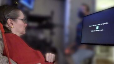 Someone with paralysis using the brain-computer interface. The text above is the cued sentence and the text below is what is being decoded in real-time as she imagines speaking the sentence