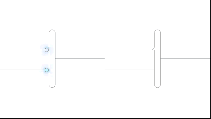 Cette puce d'ordinateur expérimentale réutilise l'énergie Deux gifs. À droite, un GIF de points bleus représentant de l'énergie voyageant à travers une ligne, puis se retournant et retournant dans la barrière. À gauche, les points ont frappé la ligne et explosent dans une rafale de feu représentant l'énergie