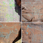 Quatre images dans un panneau montrant l'art rocheux de différentes phases