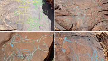 Quatre images dans un panneau montrant l'art rocheux de différentes phases