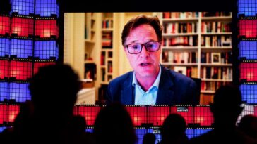 2H4G74E Lisbon, Portugal. 2nd Nov, 2021. Vice President of Global Affairs and Communications of Meta (Facebook), Nick Clegg addresses the audience (via web transmission) at Altice Arena Centre Stage during the second day of the Web Summit 2021 in Lisbon.This is one of the largest technology conferences in the world and also a meeting point for the debate on technological evolution in people