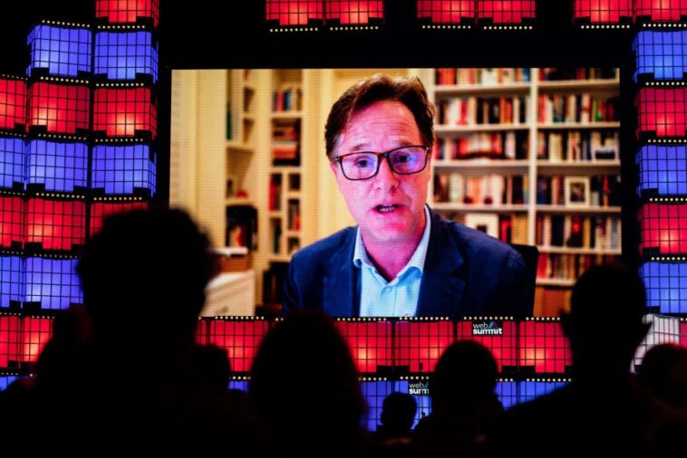 2H4G74E Lisbon, Portugal. 2nd Nov, 2021. Vice President of Global Affairs and Communications of Meta (Facebook), Nick Clegg addresses the audience (via web transmission) at Altice Arena Centre Stage during the second day of the Web Summit 2021 in Lisbon.This is one of the largest technology conferences in the world and also a meeting point for the debate on technological evolution in people