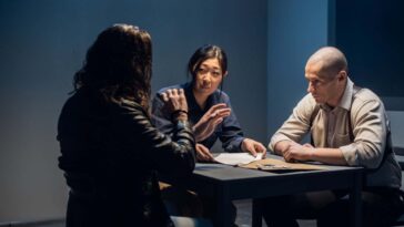 A tough police detective interrogates a crime suspect with a tattooed face in an interrogation room; Shutterstock ID 1875220249; purchase_order: -; job: -; client: -; other: