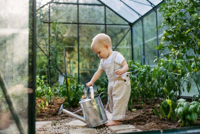 An infant holds a watering can in a greenhouse