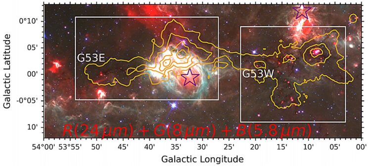 Des astronomes découvrent un système d'effondrement dominé par les extrémités et de filaments dans la région de formation d'étoiles G53