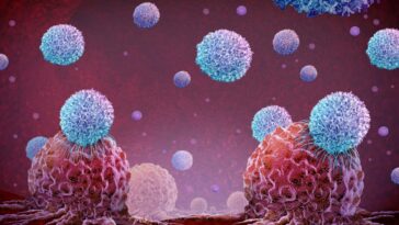 An illustration of CAR T-cell therapy treating tumour cells
