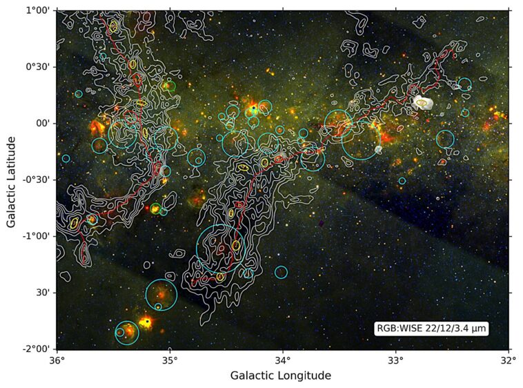 Les astronomes découvrent la signature collisionnelle de structures filamenteuses dans le nuage moléculaire galactique G34