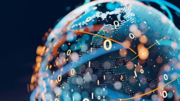 Earth (focus on Europe) represented by little dots, binary code and lines - big data, global business, cryptocurrency 3D render