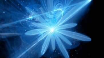 2AR55YJ Blue glowing flower shaped particle fission in Large Hadron Collider, computer generated abstract background, 3D rendering
