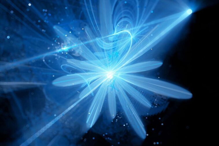 Pourquoi les «usines de beauté» pourraient résoudre deux mystères cosmologiques massifs 2AR55YJ Blue glowing flower shaped particle fission in Large Hadron Collider, computer generated abstract background, 3D rendering