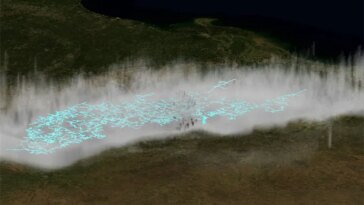 Une illustration d’un mégaflash d’éclair s’étendant à travers une vallée