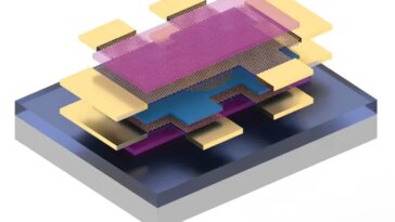 Une illustration montre des couches de matériaux violets, bleus et dorés empilés les uns sur les autres.
