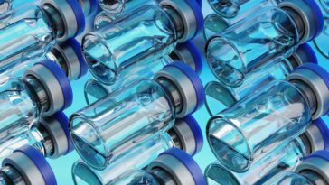 Lot of vaccine glass vials arranged in a rows on blue background, 3d rendering illustration.; Shutterstock ID 1906552987; purchase_order: -; job: -; client: -; other: