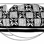 Un dessin en noir et blanc reconstitue un bol en céramique décoré d'une grille répétitive de motifs géométriques et pointillés.