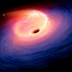 Illustration depicting a tidal disruption event (TDE). TDEs are causes when a star passes close to a supermassive black hole and get torn apart by the gravity of the latter. The debris forms a fan-shaped pattern around the black hole before eventually falling in.