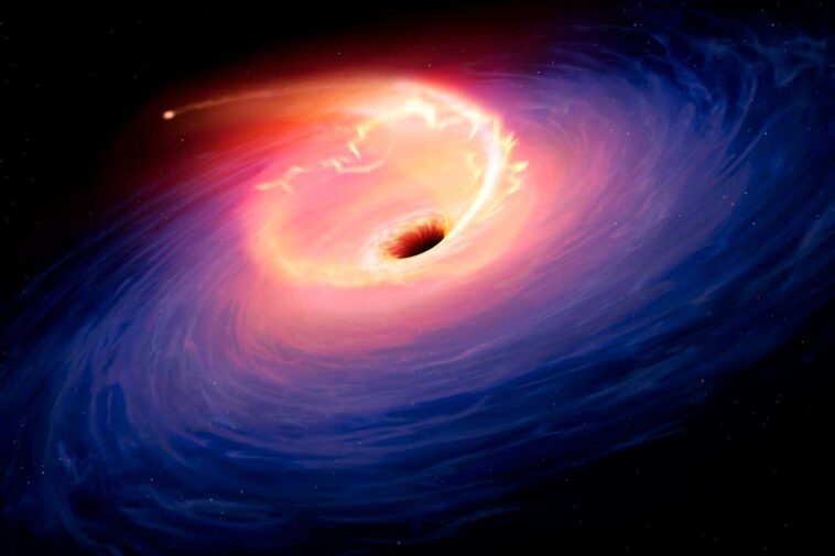 Illustration depicting a tidal disruption event (TDE). TDEs are causes when a star passes close to a supermassive black hole and get torn apart by the gravity of the latter. The debris forms a fan-shaped pattern around the black hole before eventually falling in.