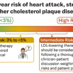 Un graphique montre les mesures à prendre en fonction de différents niveaux de risque de maladie cardiaque, évalués par un nouveau calculateur de risque. Au centre se trouve une barre qui passe du vert à gauche au rouge à droite. Faible risque (