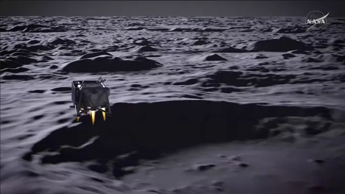 Un drone est montré en train de décoller de la surface de la Lune.